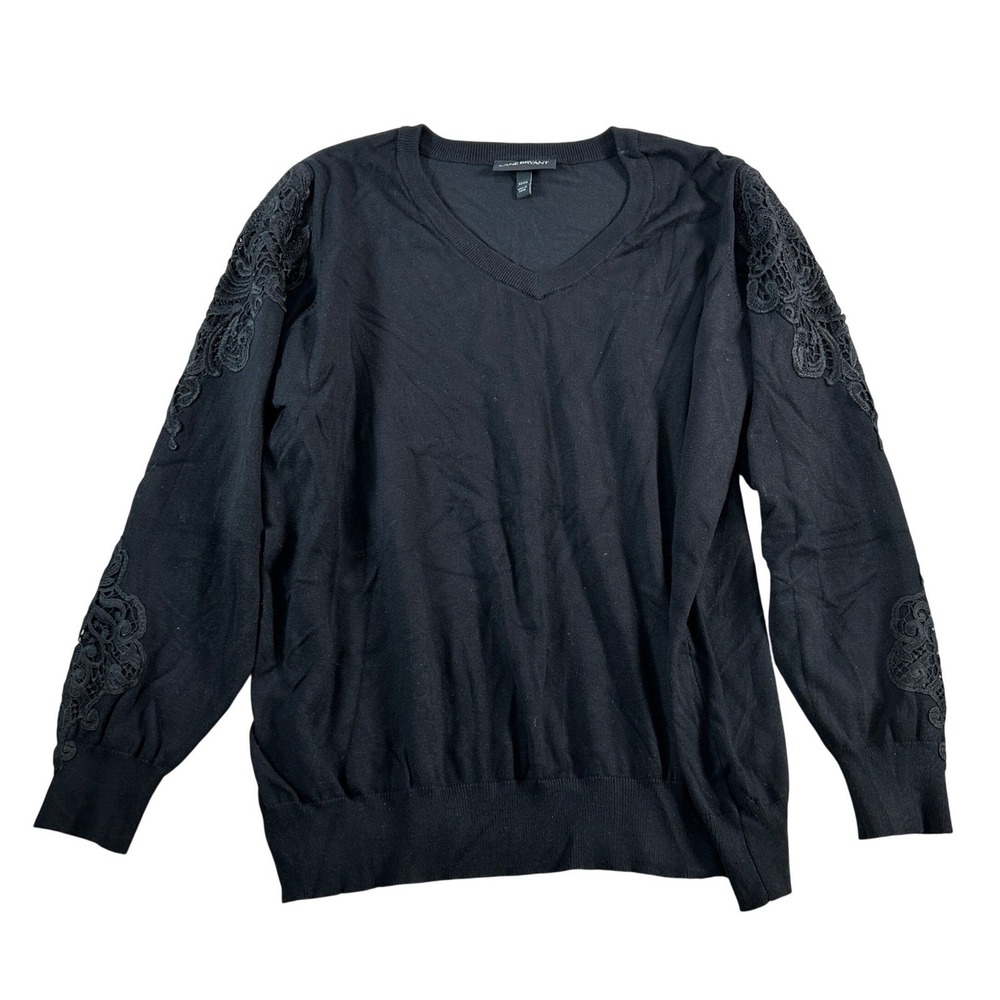 Lane Bryant Black V-Neck Sweater Lace Applique Sleeves Plus Size 22/24